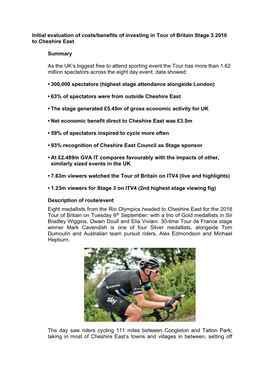 Initial Evaluation of Costs/Benefits of Investing in Tour of Britain Stage 3 2016 to Cheshire East