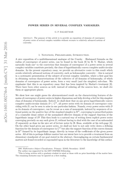 Arxiv:1601.00274V4 [Math.CV] 31 Mar 2016 D Separately As Done in the Nice Set of Lecture Notes by H