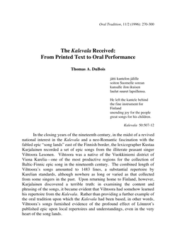 The Kalevala Received: from Printed Text to Oral Performance