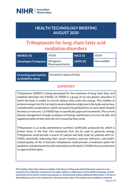 HEALTH TECHNOLOGY BRIEFING AUGUST 2020 Triheptanoin For