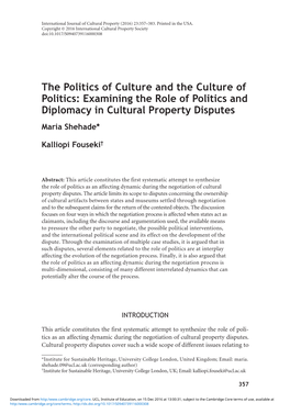 Examining the Role of Politics and Diplomacy in Cultural Property Disputes Maria Shehade*
