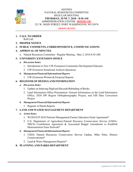 Agenda Natural Resources Committee Regular Meeting Thursday, June 7, 2018 – 8:30 Am Administration Center - Room 118* 121 W