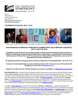 San Francisco Symphony Announces Summer with the Symphony Concerts, July 4–July 26, 2019