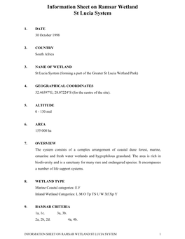 Information Sheet on Ramsar Wetland St Lucia System