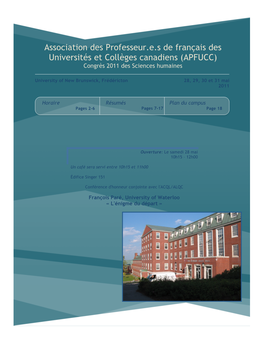 Association Des Professeur.E.S De Français Des Universités Et Collèges Canadiens (APFUCC) Congrès 2011 Des Sciences Humaines