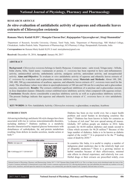 In Vitro Evaluation of Antidiabetic Activity of Aqueous and Ethanolic Leaves Extracts of Chloroxylon Swietenia