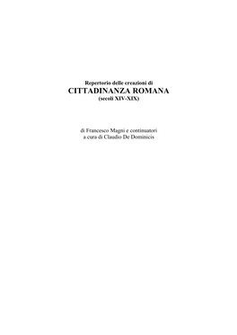 Repertorio Delle Creazioni Di CITTADINANZA ROMANA (Secoli XIV-XIX)