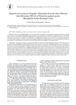 Hippotherium Malpassii (Equidae, Mammalia) from the Latest Miocene (Late Messinian; MN13) of Monticino Gypsum Quarry (Brisighella, Emilia-Romagna, Italy)