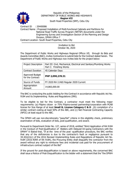 Republic of the Philippines DEPARTMENT of PUBLIC WORKS and HIGHWAYS Region VII South Road Properties (SRP), Cebu City Co