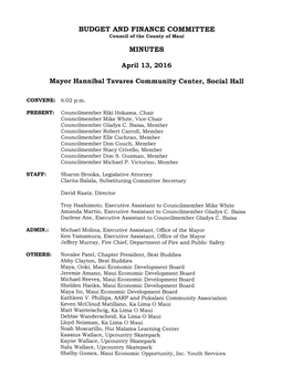 BUDGET and FINANCE COMMITTEE MINUTES April 13, 2016 Mayor