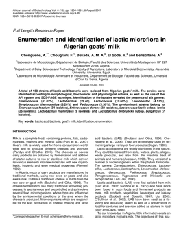 Enumeration and Identification of Lactic Microflora in Algerian Goats' Milk