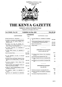 THE KENYA GAZETTE Published by Authority of the Republic of Kenya (Registered As a Newspaper at the G.P.O.) � Vol