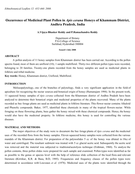 Occurrence of Medicinal Plant Pollen in Apis Cerana Honeys of Khammam District, Andhra Pradesh, India