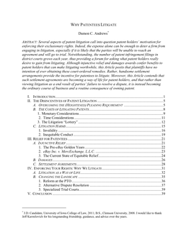 Damon C. Andrews ABSTRACT: Several Aspects of Patent Litigation