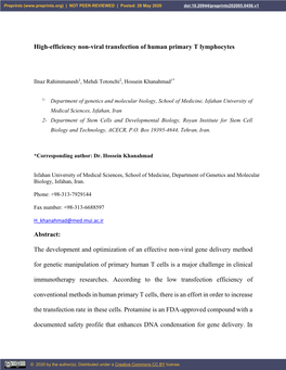 High-Efficiency Non-Viral Transfection of Human Primary T Lymphocytes