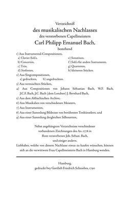 Des Musikalischen Nachlasses Carl Philipp Emanuel Bach