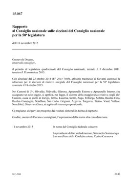 15.067 Rapporto Al Consiglio Nazionale Sulle Elezioni Del