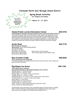 Fairbanks North Star Borough School District Spring Break Activities