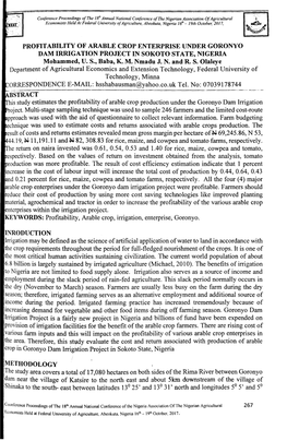 PROFITABILITY of ARABLE CROP ENTERPRISE UNDER GORONYO DAM IRRIGATION PROJECT in SOKOTO STATE, NIGERIA Mohammed, U.S., Baba, K