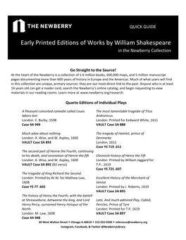 Early Printed Editions of Works by William Shakespeare in the Newberry Collection