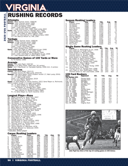 RUSHING RECORDS Attempts Season Rushing Leaders Career—809, Thomas Jones, 1996-99 Player Year Att