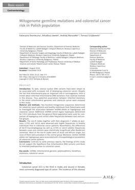 Mitogenome Germline Mutations and Colorectal Cancer Risk in Polish Population