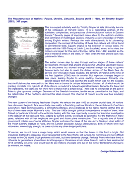 The Reconstruction of Nations: Poland, Ukraine, Lithuania, Belarus (1569 – 1999), by Timothy Snyder (2003), 367 Pages