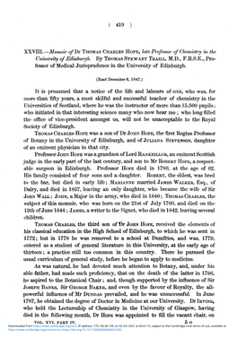 Memoir of Dr THOMAS CHARLES HOPE, Late Professor of Chemistry in the University of Edinburgh