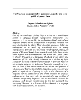 The Ukwuani Language/Dialect Question: Linguistic and Socio- Political Perspectives