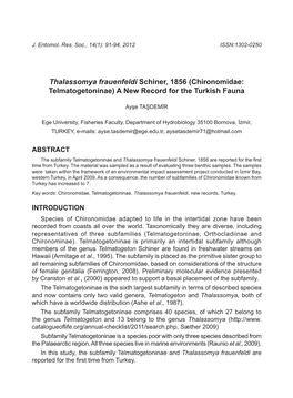 Thalassomya Frauenfeldi Schiner, 1856 (Chironomidae: Telmatogetoninae) a New Record for the Turkish Fauna