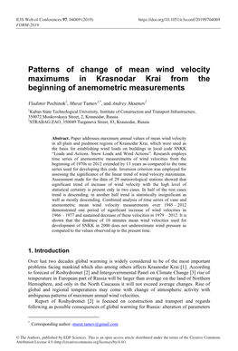 Patterns of Change of Mean Wind Velocity Maximums in Krasnodar Krai from the Beginning of Anemometric Measurements
