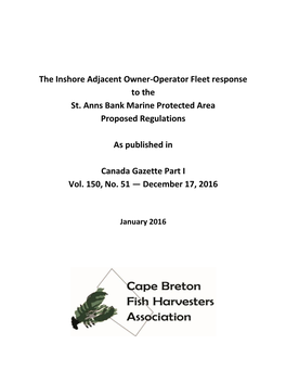 The Inshore Adjacent Owner-Operator Fleet Response to the St. Anns Bank Marine Protected Area Proposed Regulations As Publish