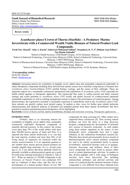 Acanthaster Planci Crown of Thorns (Starfish) - a Predatory Marine Invertebrate with a Commercial Wealth Viable Biomass of Natural Product Lead Compounds