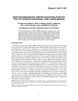 (Preprint) AAS 17-337 MARS RECONNAISSANCE ORBITER NAVIGATION STRATEGY for the EXOMARS SCHIAPARELLI EDM LANDER MISSION