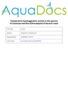 Comparative Haemagglutinic Activity in the Species of Caulerpa and Ulva (Chlorophyta) of Karachi Coast