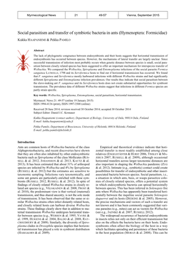 Social Parasitism and Transfer of Symbiotic Bacteria in Ants (Hymenoptera: Formicidae)