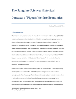 Historical Contexts of Pigou's Welfare Economics