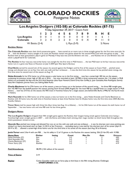 COLORADO ROCKIES Postgame Notes