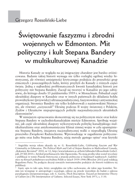 Âwi´Towanie Faszyzmu I Zbrodni Wojennych W Edmonton. Mit Polityczny I Kult Stepana Bandery W Multikulturowej Kanadzie