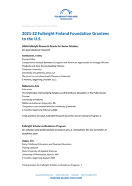 2021-22 Fulbright Finland Foundation Grantees to the U.S