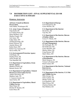 7.0 Distribution List—Final Supplemental Eis Or Executive Summary
