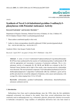 Synthesis of Novel 1-(4-Substituted Pyridine-3-Sulfonyl)-3- Phenylureas with Potential Anticancer Activity