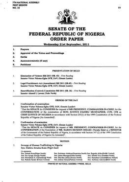 SENATE of the FEDERAL REPUBLIC of NIGERIA ORDER PAPER Wednesday 21St September, 2011