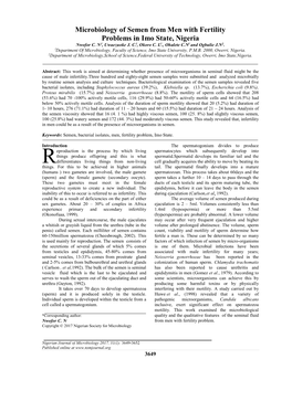 Microbiology of Semen from Men with Fertility Problems in Imo State, Nigeria Nwofor C