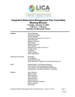 Integrated Watershed Management Plan Committee Meeting Minutes Tuesday, January 19, 2021 1:00 P.M