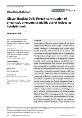 Giovan Battista Della Porta's Construction of Pneumatic Phenomena and His Use of Recipes As Heuristic Tools