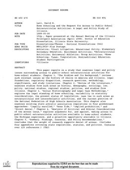 Home Schooling and the Request for Access to Public School Extracurricular Activities: a Legal and Policy Study of Illinois