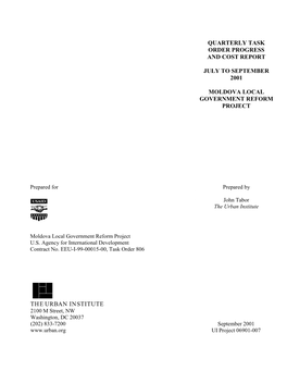 Quarterly Task Order Progress and Cost Report July to September 2001 Moldova Local Government Reform Project the Urban Institute