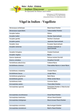 Vögel in Indien - Vogelliste