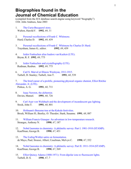 Biographies Found in the Journal of Chemical Education (Compiled from the JCE Database Search Engine Using Keyword “Biography”) ©Dr